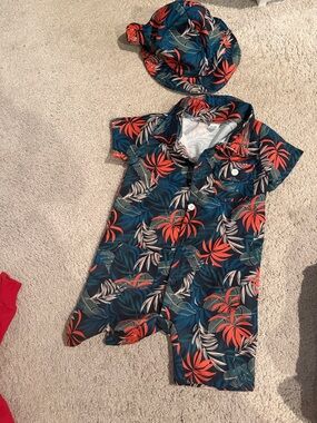 Tropical Print Baby Romper with Matching Hat - Teal & Coral